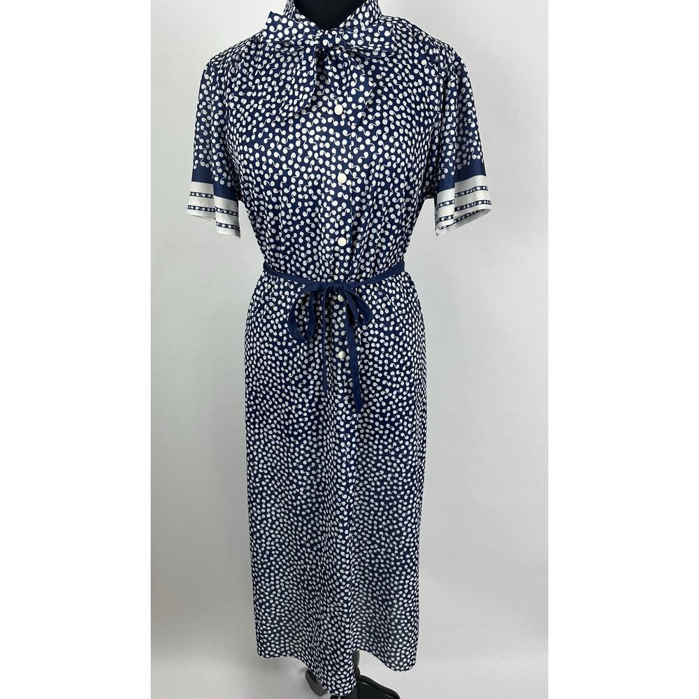 VTG 70s Navy Blue Midi Shirt Dress XL Dark Academia Mod Retro Mock Neck USA